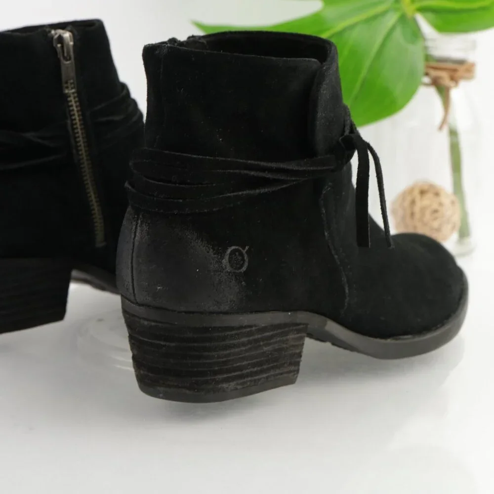 Born Womens Isobelle Boots Size 10 Black Suede Distresed Booties Low Heel Fringe